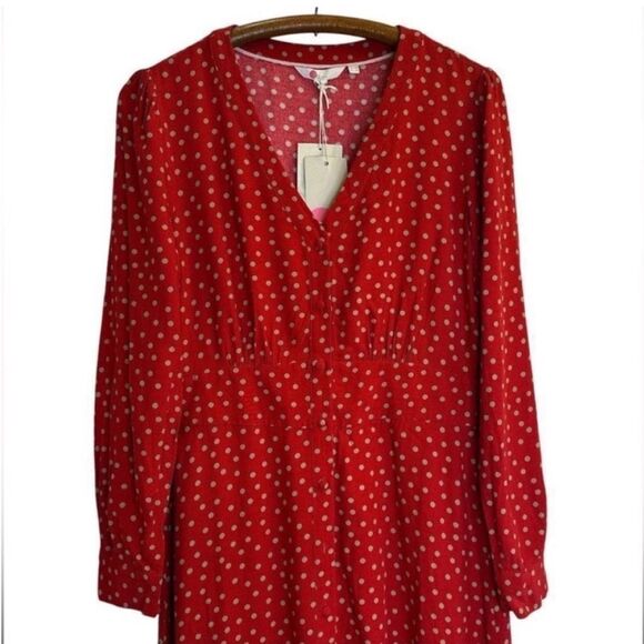 BODEN Elsie Button Red Polka Dot Poinsettia Midi Dress NWT - Picture 3 of 11